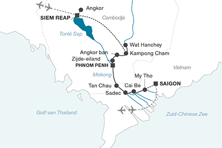 Cruise langs de oevers van de Mekong, van Saigon tot Siem Reap